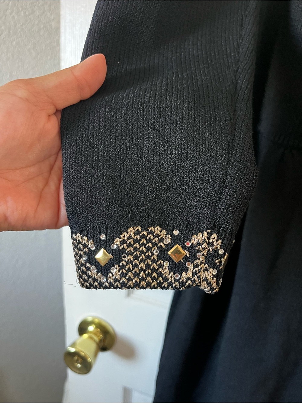 St. John Evening Black Long Sleeve Scoop Neck Dress with Metallic Bead Trim - Picture 3 of 7